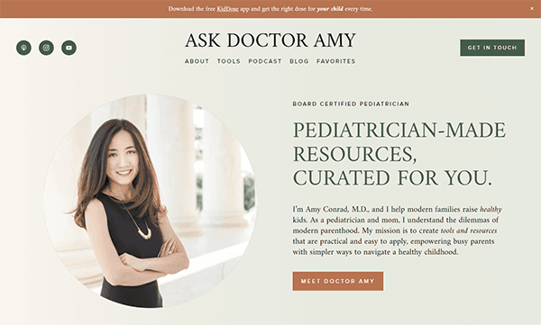 Webpage for "Ask Doctor Amy," a board-certified pediatrician, offering pediatrician-made resources. Features Amy Conard, M.D., and a brief introduction. Options include About, Tools, Podcast, Blog, and Favorites.