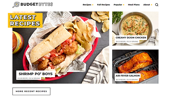 A webpage from Budget Bytes features various recipes: a Shrimp Po' Boys sandwich, Creamy Dijon Chicken, and Air Fryer Salmon. The page includes links to categories like pasta, one-pot meals, and slow cooker.