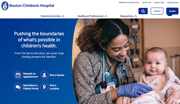 A healthcare professional holding a baby, with text advocating advancements in children's health. The website offers options like requesting an appointment, finding a doctor, and accessing patient portals.