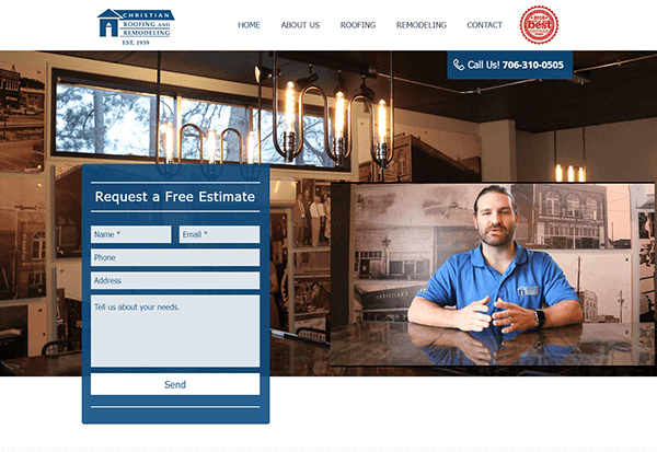 A man sits at a desk in an office with framed photos on the wall; a contact form for a free estimate is displayed in the foreground, showcasing features found on the best roofing websites.