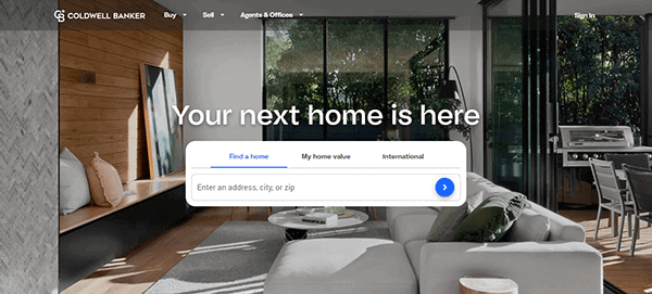 A modern living room with large glass doors opens to an outdoor patio; a website search bar overlays the image with text: "Your next home is here," inspired by the best realtor websites.
