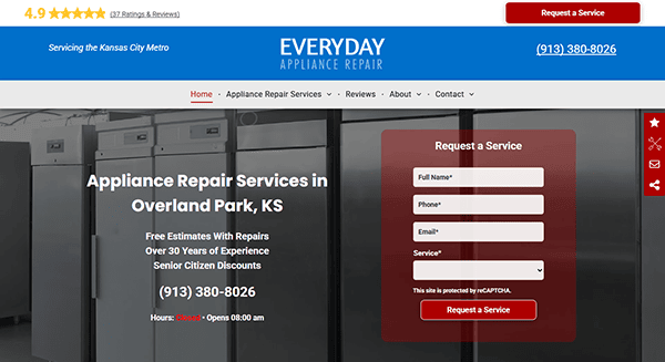 Screenshot of the Everyday Appliance Repair website highlighting their service request form, contact number, and details about appliance and refrigerator repair services in Overland Park, KS—your source for the best refrigerator repair solutions.