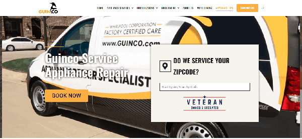 Guinco Service appliance repair van parked on a driveway; website overlay features a ZIP code service check form and "Book Now" button—showcasing one of the best appliance repair websites for easy scheduling.
