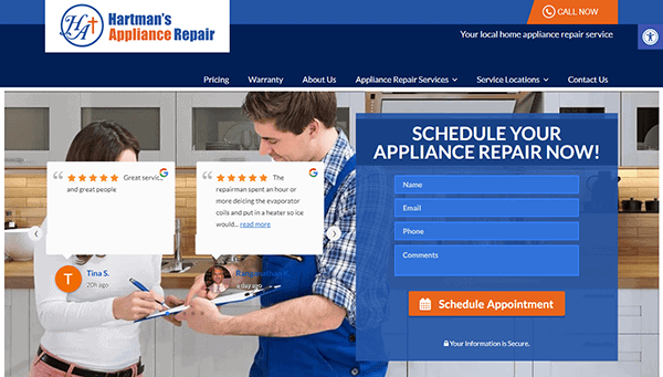 A man repairs a kitchen appliance while a woman looks on; customer reviews and a repair appointment form are displayed on one of the best appliance repair websites, Hartman’s Appliance Repair.