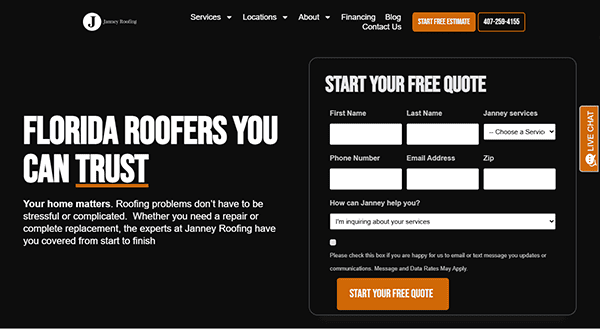 Screenshot of a roofing website showcasing a form for a free quote from Janney Roofing. Text underscores trust in Florida roofers, with fields for name, service choice, contact info, and message. Discover one of the best websites for residential roofing services.