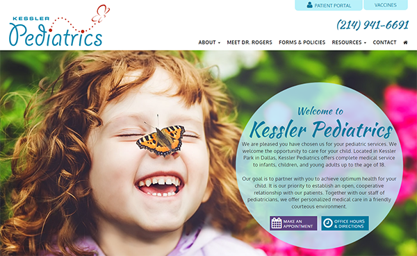 Website for Kessler Pediatrics displaying a child with a butterfly on their nose, alongside menu options and contact information. The text describes the pediatric services provided by the clinic.