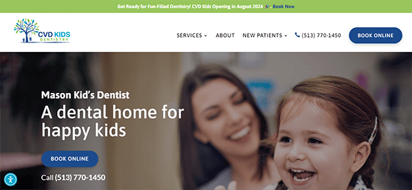 Screenshot of a dentist office webpage showing the CVD Kids Dentistry logo, a smiling child, and a woman. Text includes "Mason Kid's Dentist" and "A dental home for happy kids." Contact number and book online button shown.