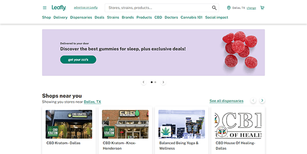Screenshot of a Leafly webpage showing local CBD and wellness store listings in Dallas, TX, alongside a banner ad promoting CBD gummies.
