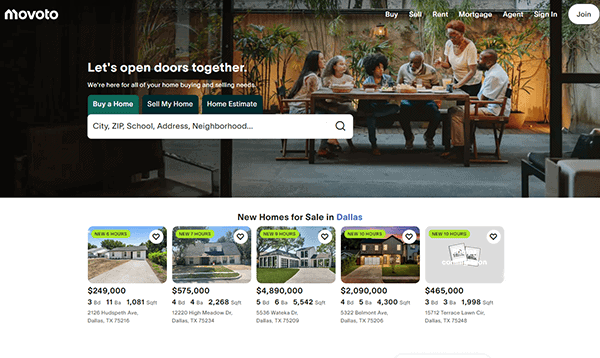 Screenshot of one of the best realtor websites, featuring a search bar, a group of people dining together, and listings of homes for sale in Dallas complete with prices and images.