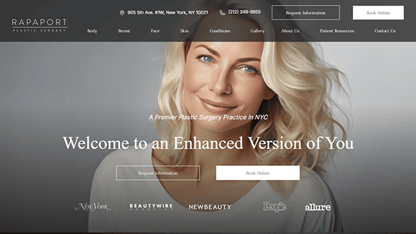 Welcome to Rapaport Plastic Surgery's website—a gateway to the best cosmetic surgery experience. Featuring a smiling woman, our homepage invites you to discover an enhanced version of you, with easy options to book online or request more information.