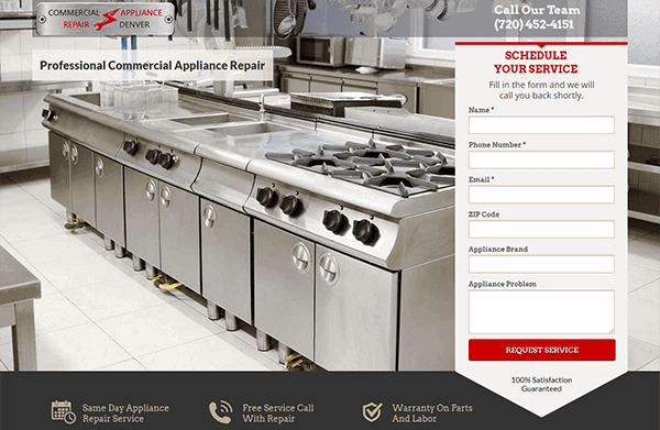 A commercial kitchen with stainless steel appliances is shown; a service request form for refrigerator repair appears on the right side of the screen, making it easy to connect with the best refrigerator repair websites.