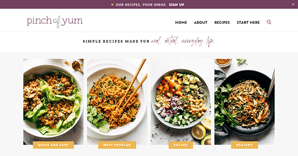 Screenshot of the "Pinch of Yum" website showing various recipes categorized by "Quick and Easy," "Most Popular," "Salads," and "Healthy." Filtering options include categories like "Vegetarian" and "Vegan.