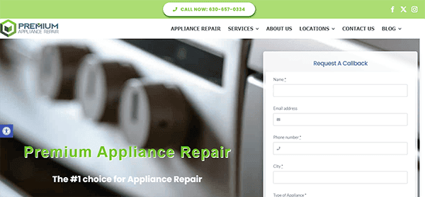 Screenshot of Premium Appliance Repair website homepage, featuring a stove, company logo, contact number, navigation menu, and a callback request form—ideal for those seeking the best refrigerator repair or exploring top repair websites.