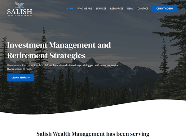 Screenshot of a webpage for Salish Wealth Management. The page highlights their investment management and retirement strategies services with a "Learn More" button, set against a mountain landscape background.