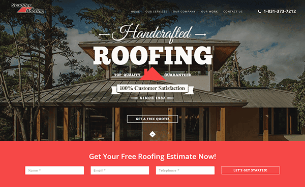 Home page of a roofing company website featuring residential roofing on a modern house, company logo, contact number, and a banner for free roofing estimates above the contact form—showcasing what the best roofing websites offer.