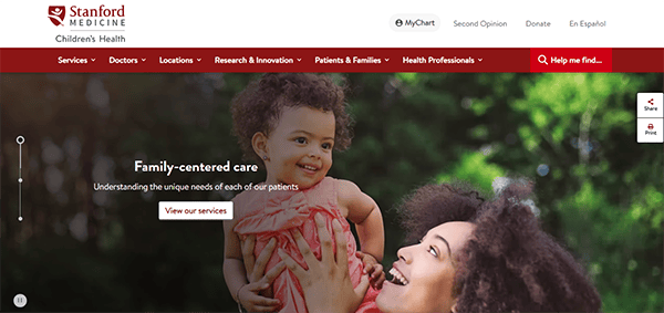 A woman holding a smiling child outdoors, featured on the Stanford Medicine Children's Health website with a headline about family-centered care and a "View our services" button.