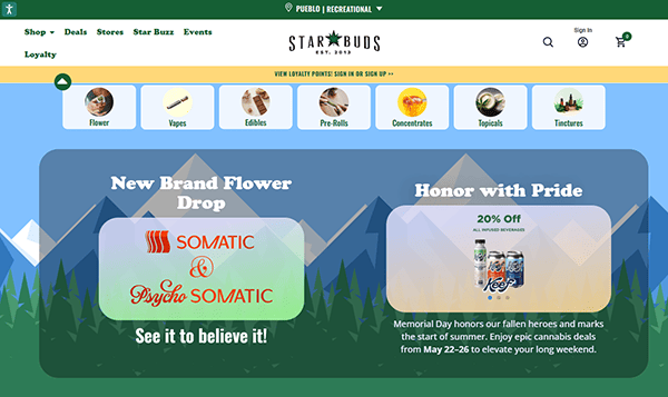 Screenshot of the Star Buds homepage, a leading cannabis website, showcasing cannabis product categories and eye-catching banners for a new flower brand and Memorial Day sale.