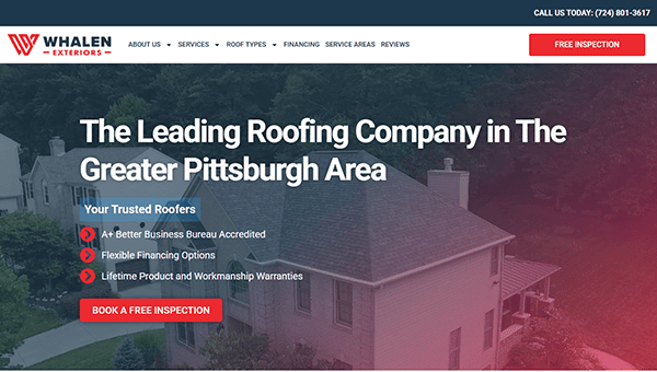 Screenshot of Whalen Exteriors' website homepage highlighting their best commercial roofing services in Pittsburgh, with options for financing, warranties, and a free inspection.