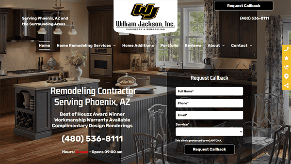 Screenshot of William Jackson, Inc. website featuring a stylish kitchen interior, service offerings, contact info, and a callback request form—an excellent example of cabinet maker websites for those seeking the best cabinet maker in Phoenix, AZ.