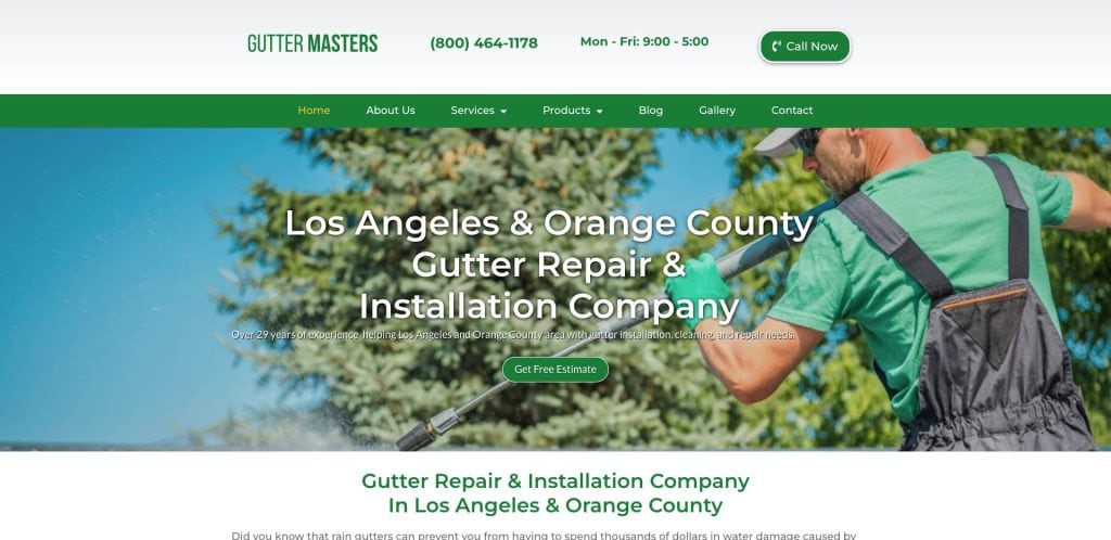 Screenshot of the Gutter Masters website homepage, a top choice among gutter cleaning websites, showing a worker cleaning gutters with equipment. Text reads Los Angeles & Orange County Gutter Repair & Installation Company, with a green header and service menu at the top.