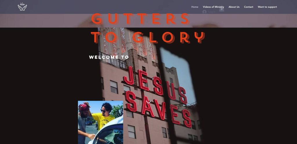 Website homepage features large red "JESUS SAVES" text on a building, with “GUTTERS TO GLORY” in orange overlay—perfect inspiration for the best gutter cleaning websites. Below is a smaller photo of two people by a car. Navigation links are at the top.