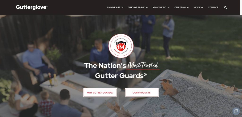 A website homepage for Gutterglove shows people gathered outdoors near a table and gutter. Text reads: The Nation’s Most Trusted Gutter Guards, as seen on leading gutter cleaning websites. Buttons say Why Gutter Guards? and Our Products. Dry leaves rest on a gutter cover.