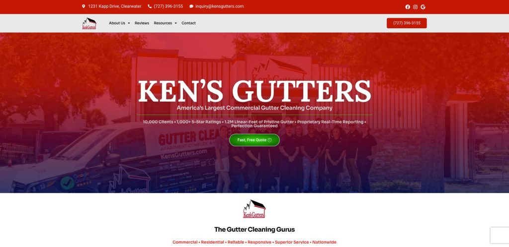 Website homepage for Ken’s Gutters, featuring a red and white theme, company logo, contact details, and a banner stating “America’s Largest Commercial Gutter Cleaning Company”—showcasing why we're among the best gutter cleaning websites. Group photo in the background.