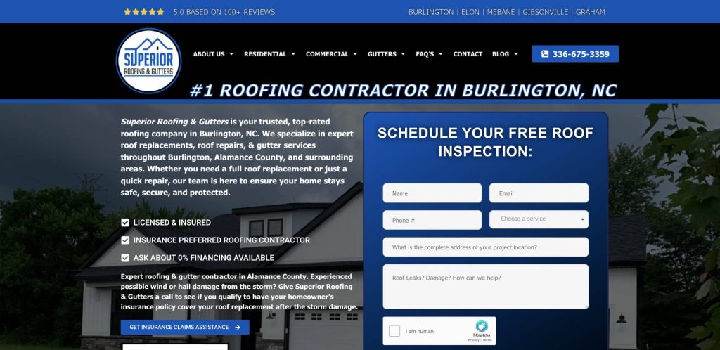 Screenshot of the Superior Roofing & Gutters website homepage, a blue and white layout showcasing their roofing services. Features include a form for free roof inspections—ideal for those seeking the best gutter cleaning websites.