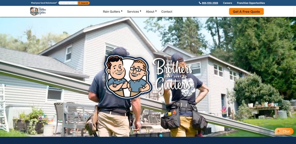 Two workers carrying gutters walk toward a light gray house with white trim. The Brothers That Just Do Gutters logo overlays the image, reflecting one of the best gutter cleaning services. A navigation bar and Get A Free Quote button are at the top.