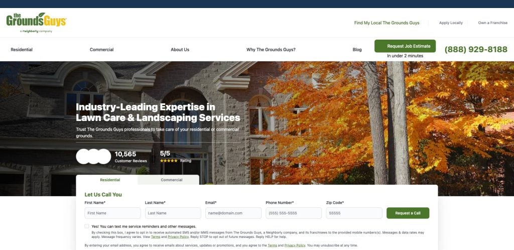 A landscaping company website homepage featuring a large brick house with orange autumn leaves, a header offering lawn, landscaping, and best gutter cleaning services, plus a contact form, phone number, and top navigation menu.