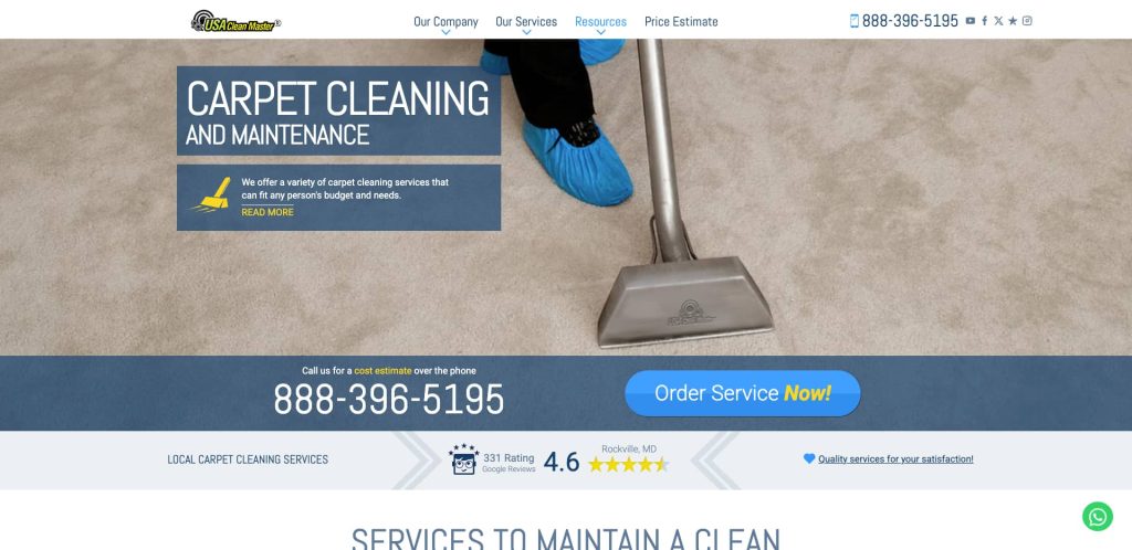 A person wearing blue shoe covers uses a professional carpet cleaning machine on a beige carpet. Contact information and an Order Service Now! button are visible on this site, which also features the best gutter cleaning services.