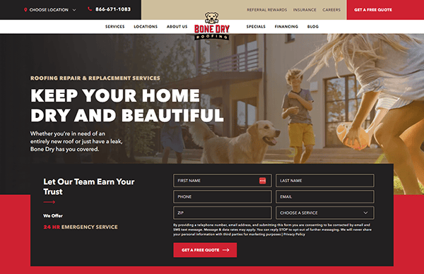 Screenshot of a roofing company's website offering repair and replacement services with a promo for a $500 discount for certain groups, a contact form, and a call-to-action for a free quote.