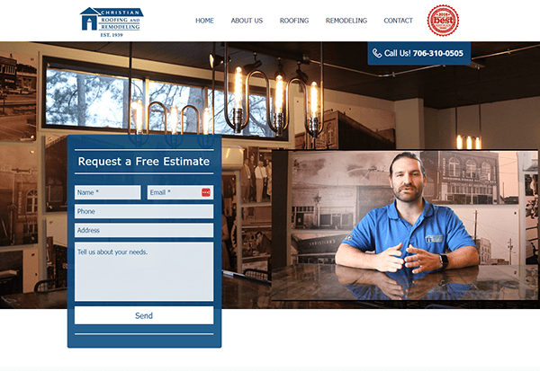 A website screenshot for a roofing and remodeling business features a contact form on the left for requesting a free estimate and an image of a man in a blue shirt on the right.