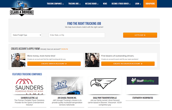 Screenshot of a job search website for truck drivers. It features a search form, account creation options, and displays job listings, company information, and additional resources for drivers.
