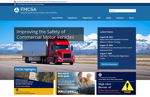Screenshot of the Federal Motor Carrier Safety Administration (FMCSA) homepage featuring sections on improving commercial motor vehicle safety, news updates, highlights, and safety tips for drivers.