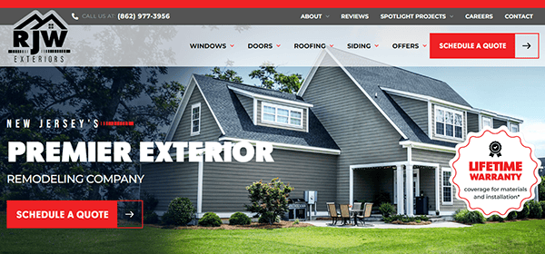 Website homepage for RJW Exteriors, a New Jersey-based exterior remodeling company, featuring a large house image, awards, and associations. A "Lifetime Warranty" badge and "Schedule a Quote" button are visible.
