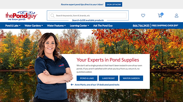 A woman stands with arms crossed in front of a pond landscape on a website selling pond supplies. The site highlights expert advice, return policy, and various categories like plants, water clarity, and algae solutions.