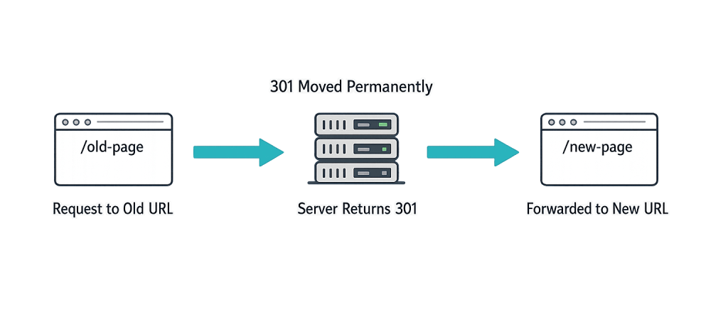 Diagram illustrating a 301 Redirect, where a request to an old URL prompts the server to return a 301 moved permanently response and forwards the user to the new URL.