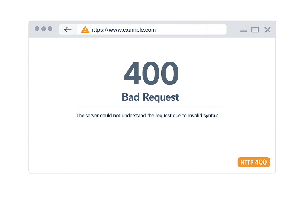 A web browser window displays a 400 Bad Request error message, stating the server could not understand the request due to invalid syntax. An orange warning and HTTP 400 label emphasize the 400 Bad Request issue on screen.