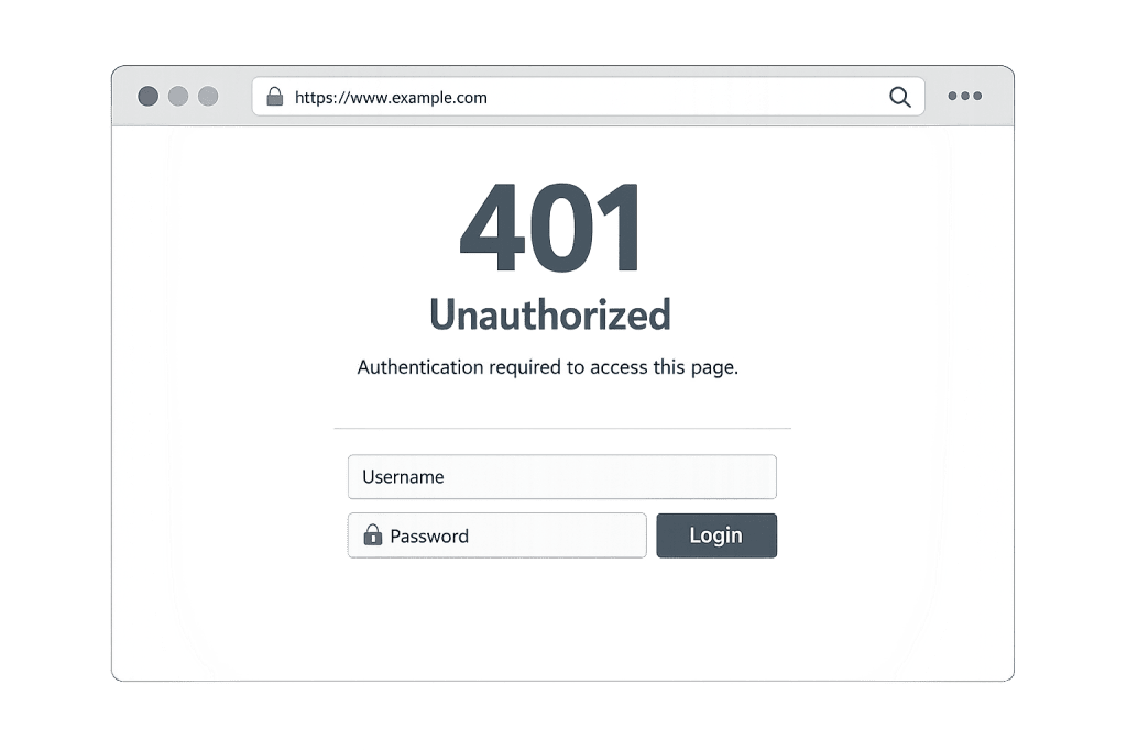 A browser window shows a 401 Unauthorized error with the message Authentication required to access this page. Username and password fields appear below, along with a dark Login button. The URL displayed is www.example.com.
