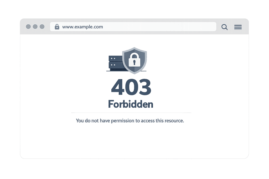 A web browser window displays a 403 Forbidden error message with a lock icon and text stating, You do not have permission to access this resource. The URL www.example.com is shown above the 403 Forbidden notice.