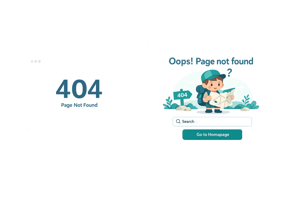 404 error page illustration showing a child holding a map, looking confused, with a 404 sign and plants nearby. The text says Oops! Page not found and there’s a button labeled Go to Homepage.