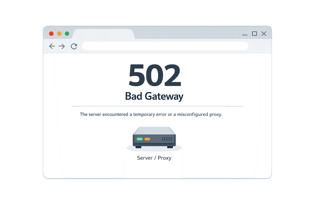 A web browser window displays a 502 Bad Gateway error message, featuring an illustration of a server device labeled Server / Proxy beneath the text.