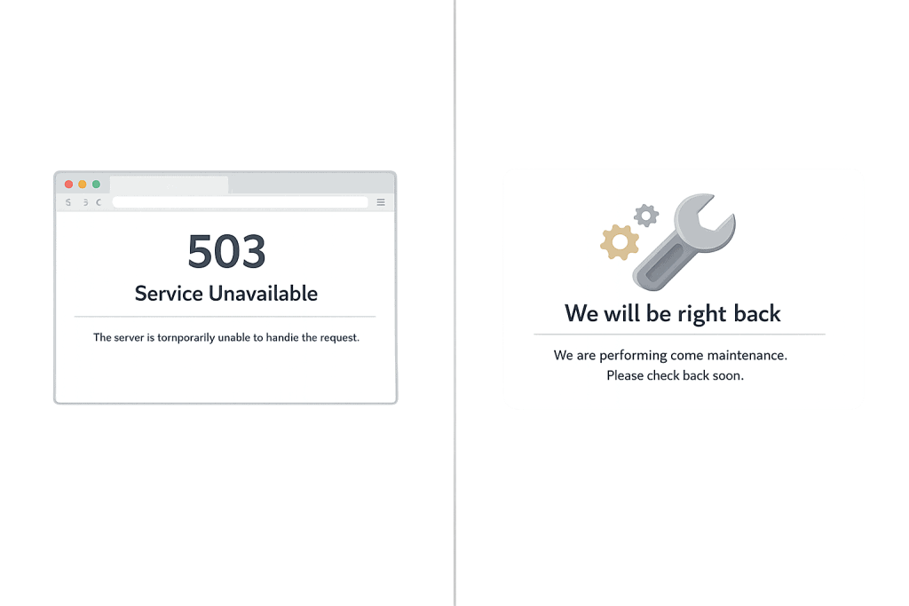Split-screen image: Left shows a browser with HTTP 503 Service Unavailable—the server is temporarily unable to handle the request. Right displays a wrench and gears, with “We will be right back” and a maintenance message.
