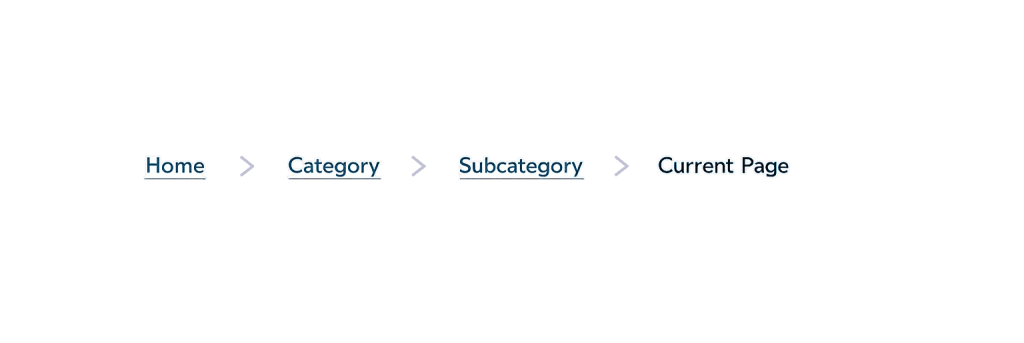 Breadcrumb navigation showing Home, Category, Subcategory, and Current Page, with arrows separating each section. Home, Category, and Subcategory are links; Current Page is plain text.