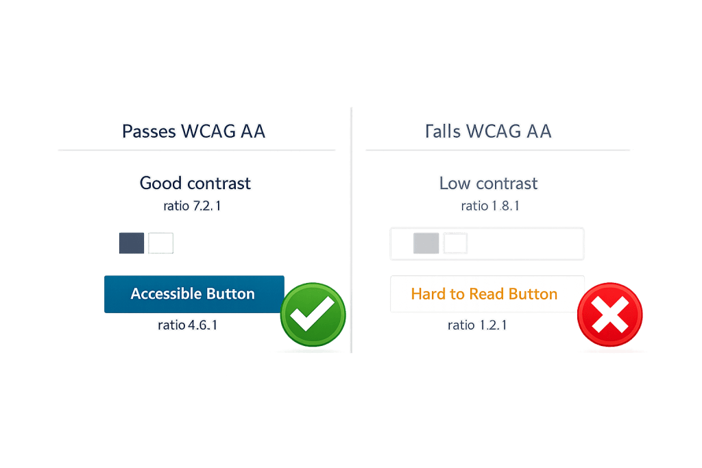 Comparison chart showing examples of text contrast. Left side: Passes WCAG AA with a blue Accessible Button and green checkmark. Right side: Fails WCAG AA with a gray Hard to Read Button and red X.