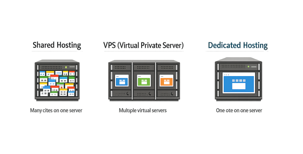 Illustration comparing shared hosting, VPS, and Dedicated Hosting servers. Shared hosting shows many sites on one server, VPS displays multiple virtual servers, and Dedicated Hosting features one site on its own server.