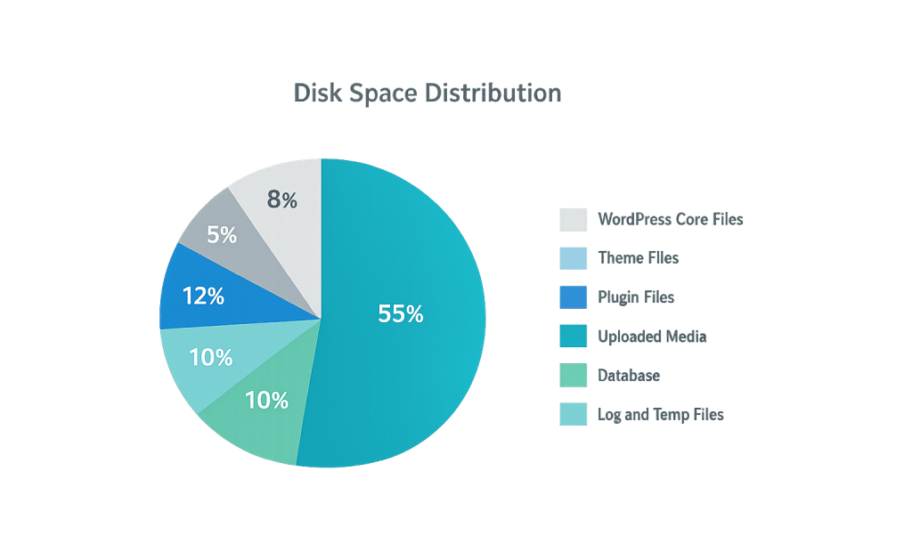 Pie chart titled Disk Space Distribution showing: WordPress Core Files 55%, Theme Files 10%, Plugin Files 10%, Uploaded Media 12%, Database 5%, Log and Temp Files 8%. Color-coded legend included.