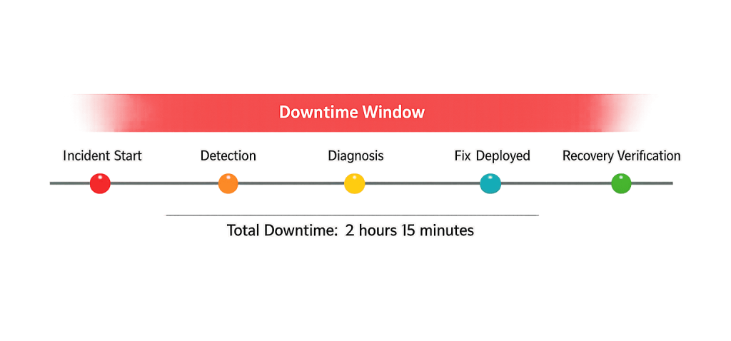 A timeline labeled Downtime Window showing five stages: Incident Start, Detection, Diagnosis, Fix Deployed, and Recovery Verification. Total downtime listed as 2 hours 15 minutes.