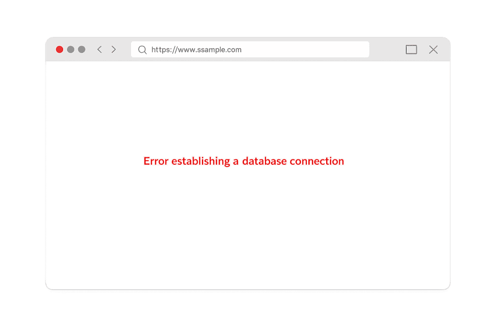 A web browser window displays the WordPress error message "Error Establishing a Database Connection" in red text on a white background, with the URL https://www.ssample.com visible in the address bar.